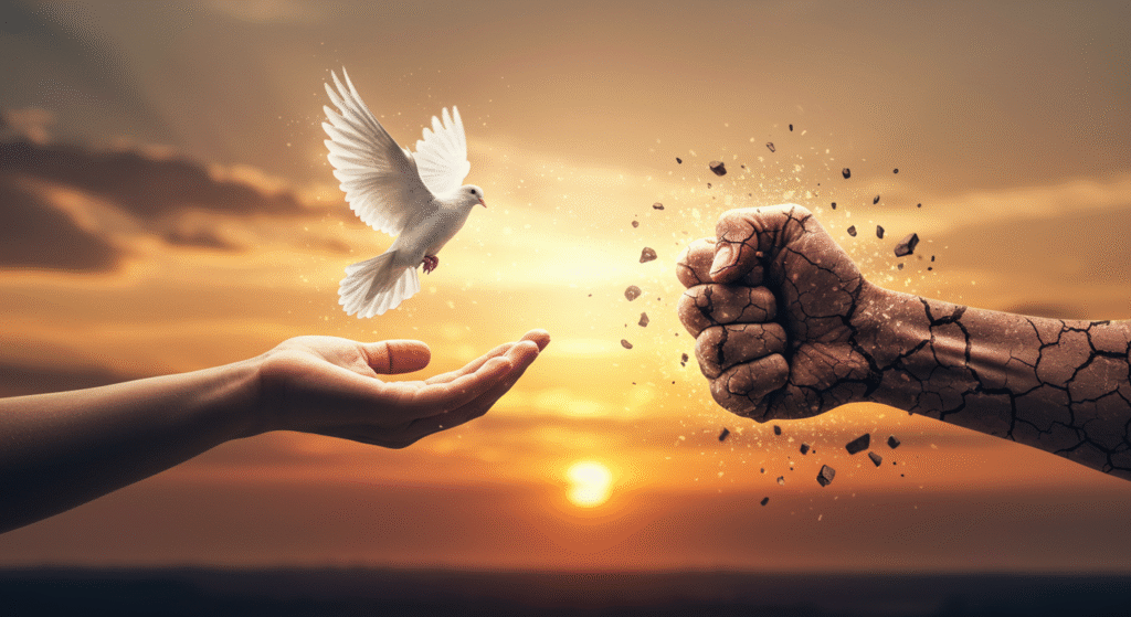 Una mano aperta lascia volare una colomba di luce, mentre un'altra mano a pugno la trattiene, rappresentando il dualismo tra amore come libertà e possesso.