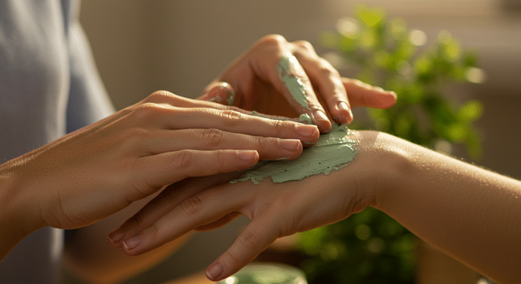 Applicazione delicata di un impacco di argilla verde sulla pelle di una mano per lenire una scottatura.