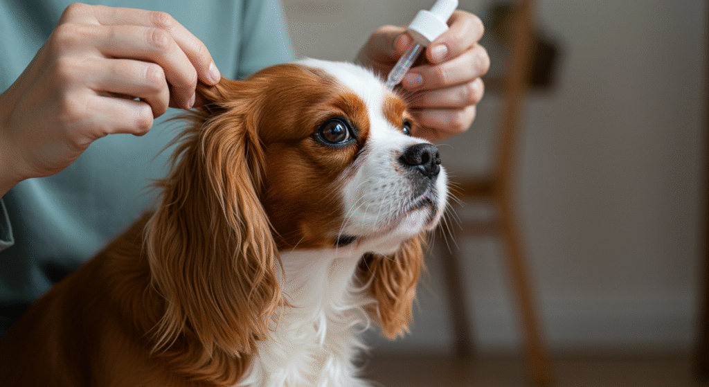 Proprietario che cura l'otite del suo cane Cavalier King Charles Spaniel applicando delle gocce naturali nell'orecchio.