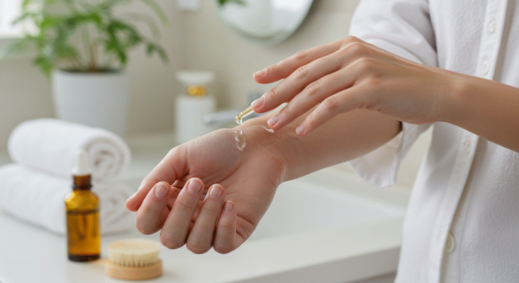 Persona che applica un olio lenitivo sulla pelle per combattere l'irritazione causata dagli acari.