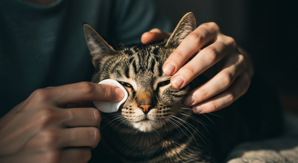 Persona che applica con un batuffolo di cotone un impacco di camomilla sull'occhio di un felino per curare la congiuntivite del gatto.