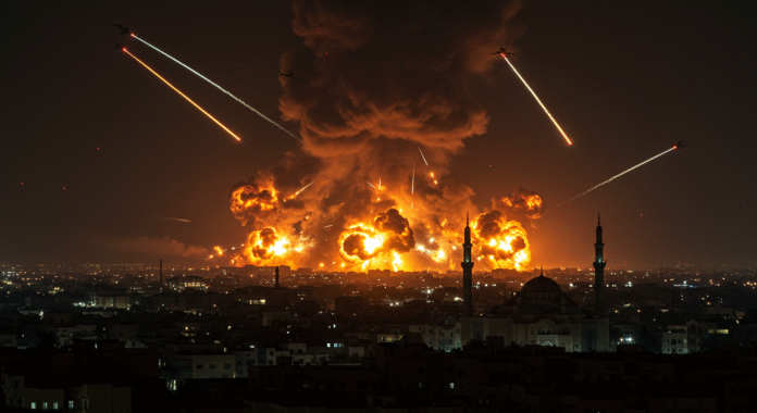 Caccia militari sorvolano Teheran di notte, con grandi esplosioni che illuminano lo skyline della città durante lo scontro Iran-Israele.