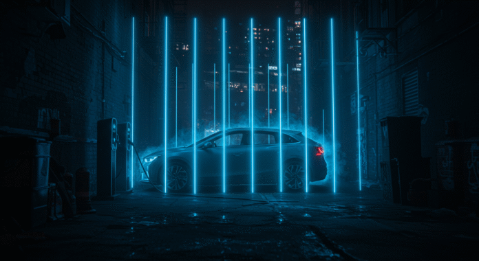 Auto elettrica in carica di notte avvolta da luci che sembrano sbarre, a simboleggiare le tariffe punitive.