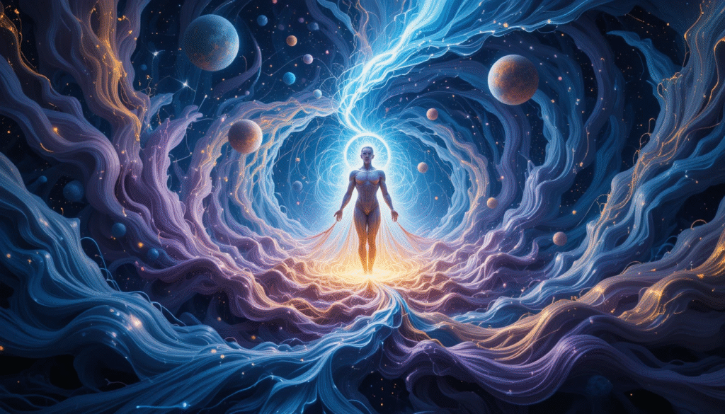 Rappresentazione artistica della PsicoBioFisica di Marco Todeschini, con vortici di energia cosmica che uniscono l'universo e la coscienza.