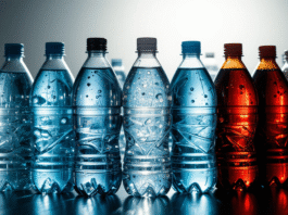 Bottiglie di acqua minerale a confronto, alcune limpide e altre torbide a simboleggiare la contaminazione.