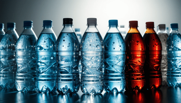 Bottiglie di acqua minerale a confronto, alcune limpide e altre torbide a simboleggiare la contaminazione.