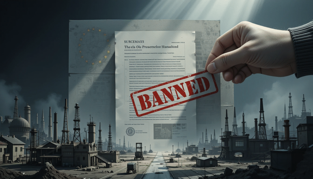 Metafora della burocrazia europea che con un divieto imposto frena e danneggia l'industria del continente.