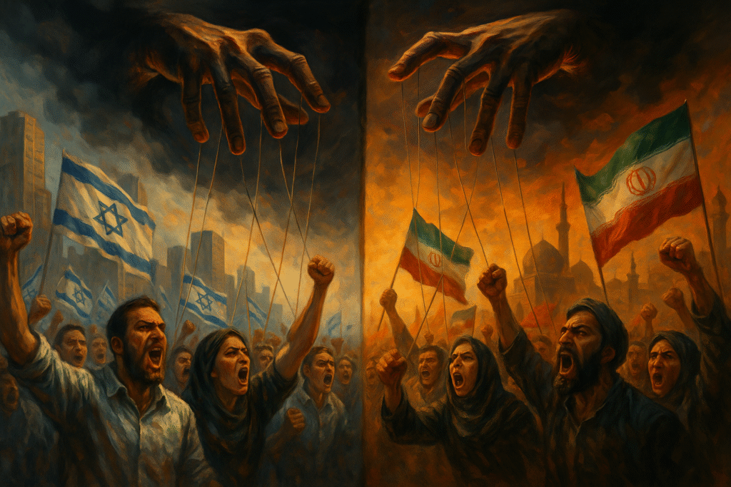 Un'unica mano da burattinaio controlla due folle contrapposte, una con bandiere israeliane e l'altra con bandiere iraniane, simbolo del caos calcolato.