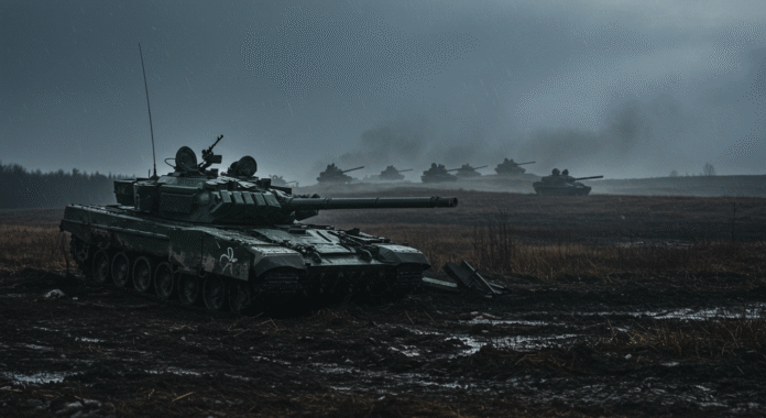 Un moderno carro armato europeo fermo nel fango, a simboleggiare le difficoltà del riarmo, con carri armati russi sullo sfondo.