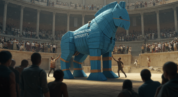 Cavallo di Troia blu con logo ONU, simbolo della censura mascherata da integrità dell'informazione, che minaccia la libertà di parola.