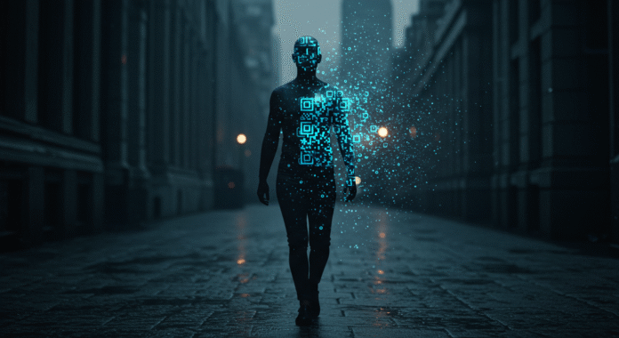 Un cittadino britannico trasformato in un codice QR, simbolo del progetto BritCard e della perdita di identità personale.