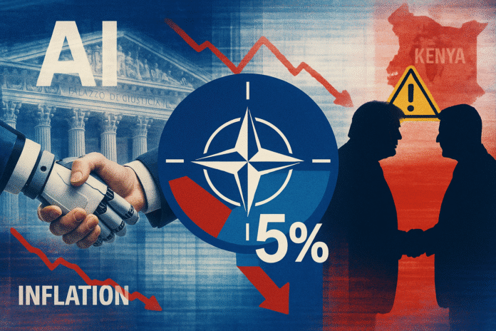 Collage delle principali notizie del giorno: accordo NATO al 5%, legge sull'intelligenza artificiale e l'incontro tra Trump e Zelensky.