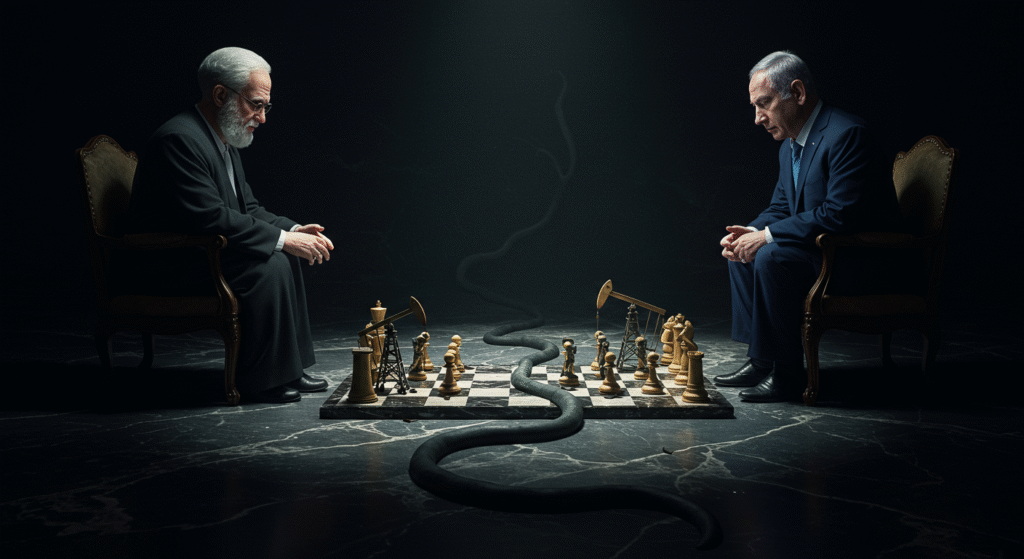 L'israeliano Benjamin Netanyahu e l'iraniano Ali Khamenei si fronteggiano a una partita a scacchi simbolica, con l'ombra di un serpente tra di loro a rappresentare il conflitto.