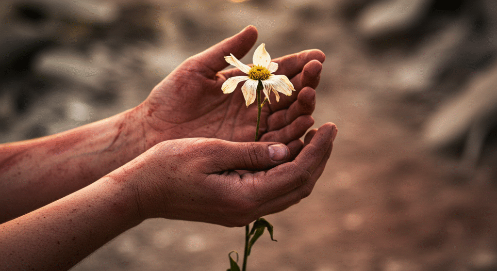 Mani macchiate di polvere e rosso tengono un fiore appassito tra le macerie, a simboleggiare le conseguenze del silenzio sul conflitto a Gaza.