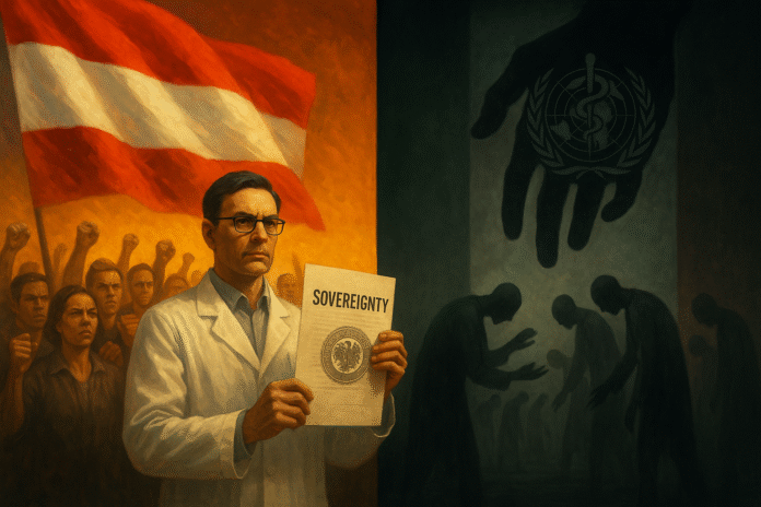Illustrazione del contrasto tra l'Austria che difende la propria sovranità sanitaria e l'Italia che cede al Trattato Pandemico dell'OMS.