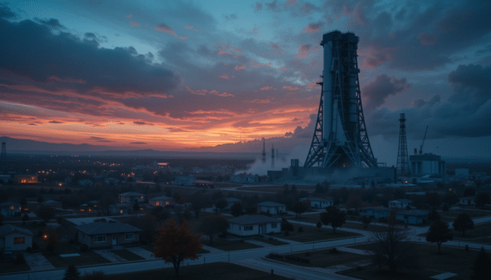 Case residenziali di Starbase sotto l'ombra incombente di un razzo SpaceX, a simboleggiare il controllo aziendale.