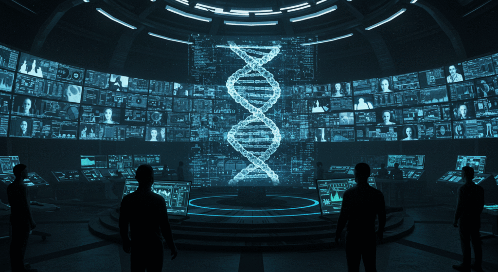 Sala di controllo high-tech dove figure anonime monitorano dati genetici e biometrici, simbolo del controllo biotecnologico dell'Hub Vaccinale UE.