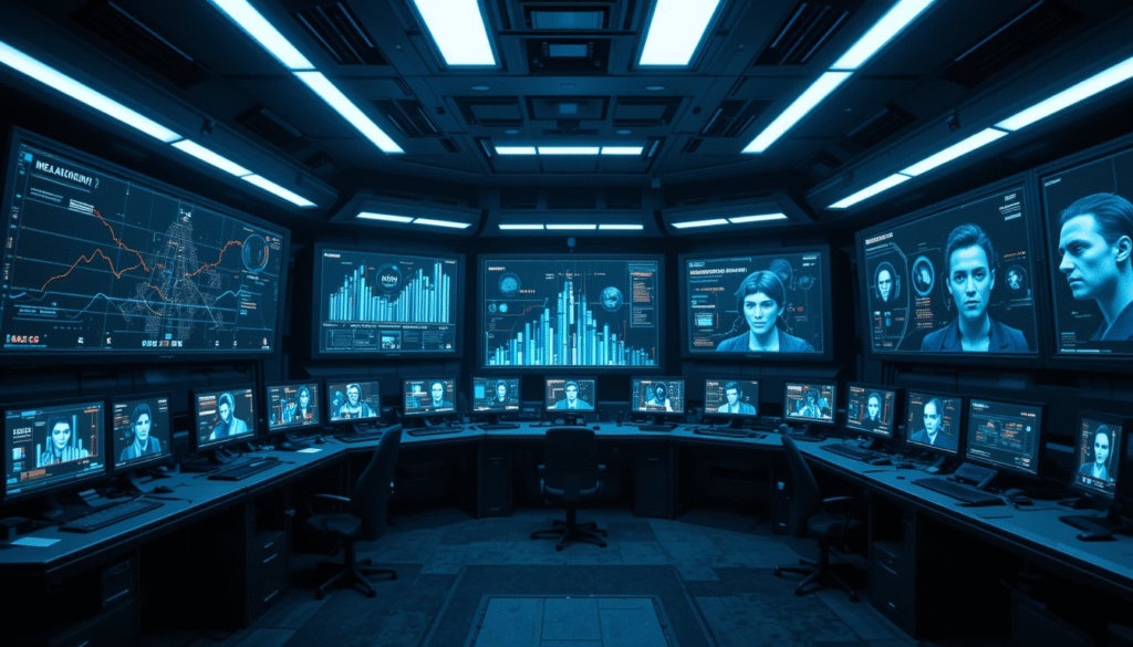 Centro di controllo futuristico con schermi olografici che mostrano dati demografici in calo, simbolo del controllo e del mistero demografico cinese.