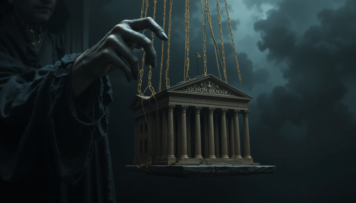 Immagine simbolica del potere della famiglia Rothschild che controlla le banche centrali mondiali come un burattinaio.