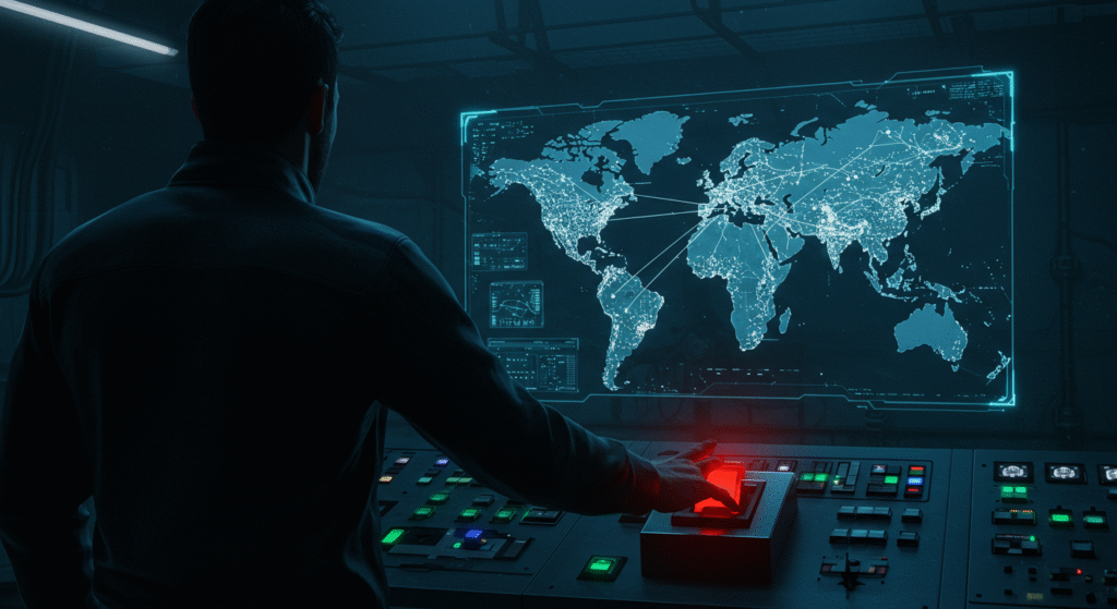 Figura anonima in una sala di controllo high-tech sta per premere un interruttore rosso per causare un blackout globale su una mappa olografica.