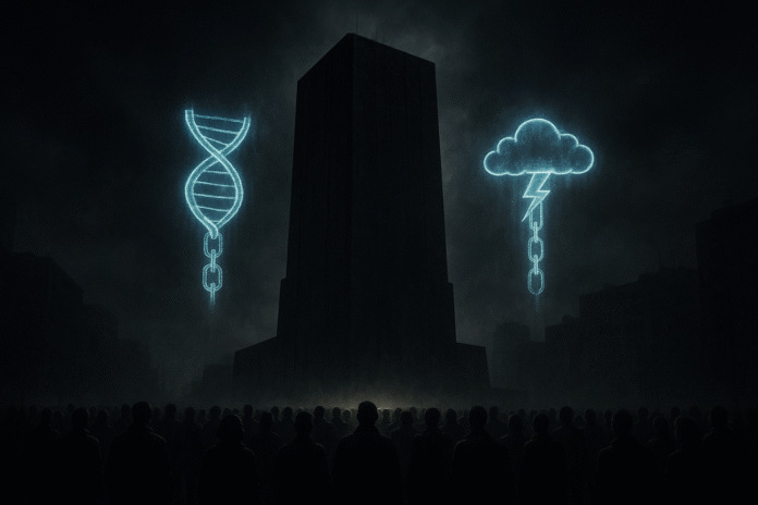 Illustrazione distopica del controllo globale esercitato tramite la fusione delle politiche sanitarie e climatiche, con catene olografiche che avvolgono la popolazione.