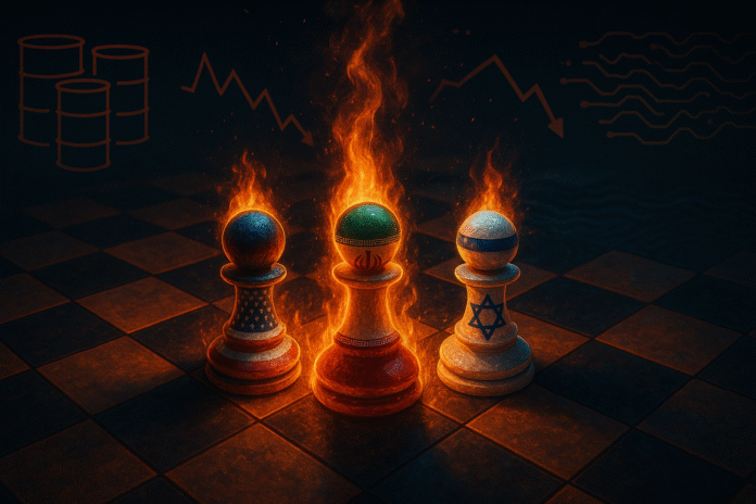 Scacchiera geopolitica che simboleggia la crisi in Medio Oriente tra USA, Iran e Israele, con impatti su economia e finanza.