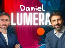Fotomontaggio con i volti di Matteo Gracis, a sinistra, e Daniel Lumera, a destra, su uno sfondo colorato. Anteprima dell'intervista sulla meditazione e la scienza del benessere.