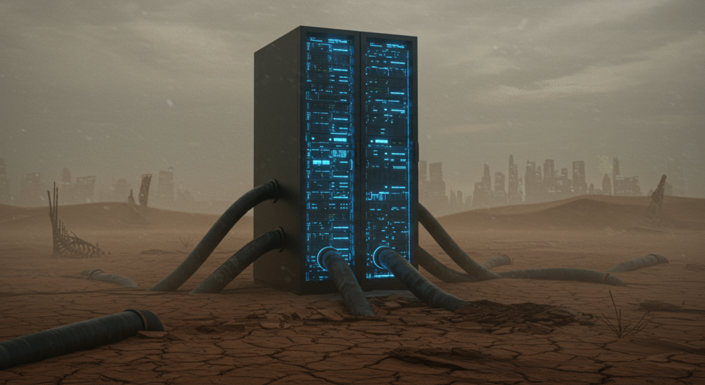 Un data center dell'IA nel deserto che consuma le risorse idriche del pianeta, simbolo della crisi idrica legata alla tecnologia.