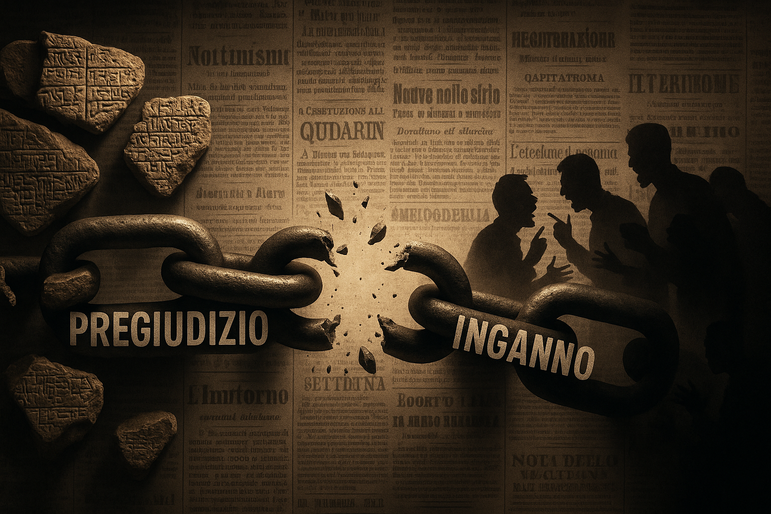 Una catena con le parole "pregiudizio" e "inganno" si spezza, rappresentando la decostruzione del falso mito legato all'antisemitismo.