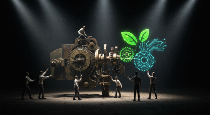 Illustrazione simbolica della demolizione controllata dell'economia globale, con ingranaggi arrugginiti smontati e sostituiti da nuove tecnologie verdi e digitali.