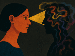 Una donna illumina con lo sguardo l'aura oscura di un uomo, simbolo del riconoscimento dei livelli di coscienza in un amore consapevole.