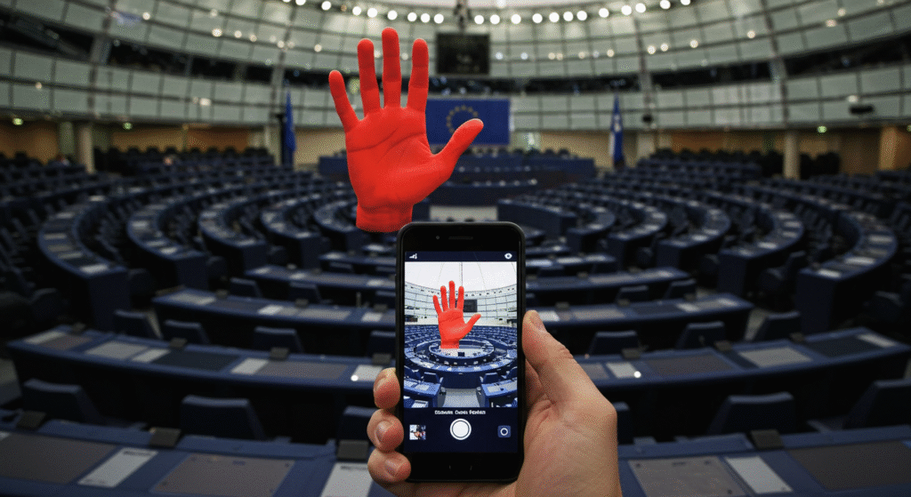 Mano che tenta di fotografare con un cellulare l'aula vuota del Parlamento Europeo, bloccata da un simbolo di divieto.