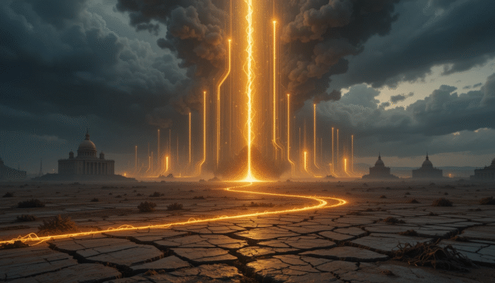 La terra arida da cui partono flussi di luce dorata, risucchiati da condutture digitali verso un cielo oscuro che nasconde palazzi del potere.