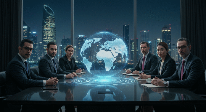 Un gruppo di leader mondiali in un summit ad Abu Dhabi pianifica il futuro del mondo attorno a un ologramma, simbolo della tecnocrazia globale.