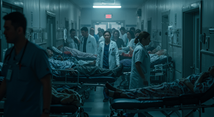 Corridoio di un pronto soccorso affollato con pazienti anziani su barelle e personale medico sotto stress, a simbolo dell'emergenza sanitaria.