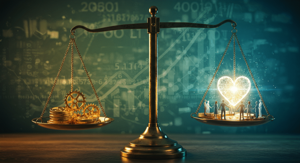 Bilancia in equilibrio tra il profitto economico e il benessere delle persone, a simboleggiare un'economia politica equa.