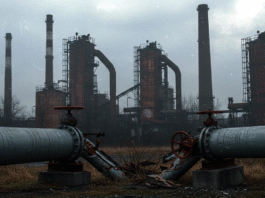 Fabbrica europea in stato di abbandono a simboleggiare la deindustrializzazione causata dalla crisi energetica.