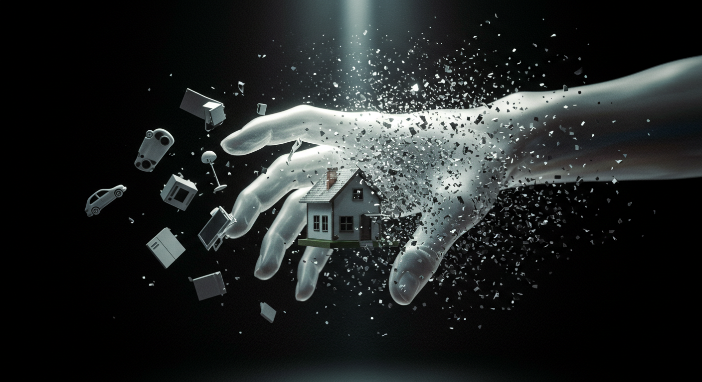 Una mano cerca di afferrare una casa che si dissolve in pixel, a simboleggiare la fine della proprietà privata a causa dell'euro digitale.