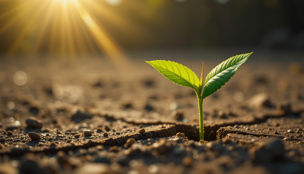 Primo piano di una foglia verde che cresce nel deserto, simbolo della vita resa possibile dalla CO2 e dalla fotosintesi.