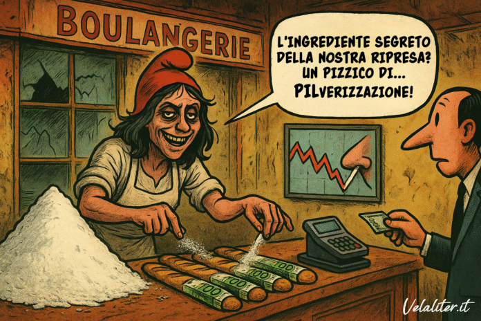 Vignetta satirica di Marianne, simbolo della Francia, che cucina con la cocaina per rappresentare l'impatto della droga sull'economia francese.