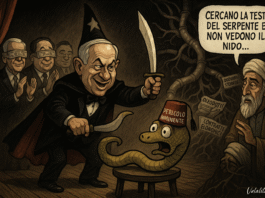 Vignetta satirica sulla geopolitica tra Iran e Israele, con leader mondiali che inscenano un finto attacco a un serpente per nascondere interessi economici.