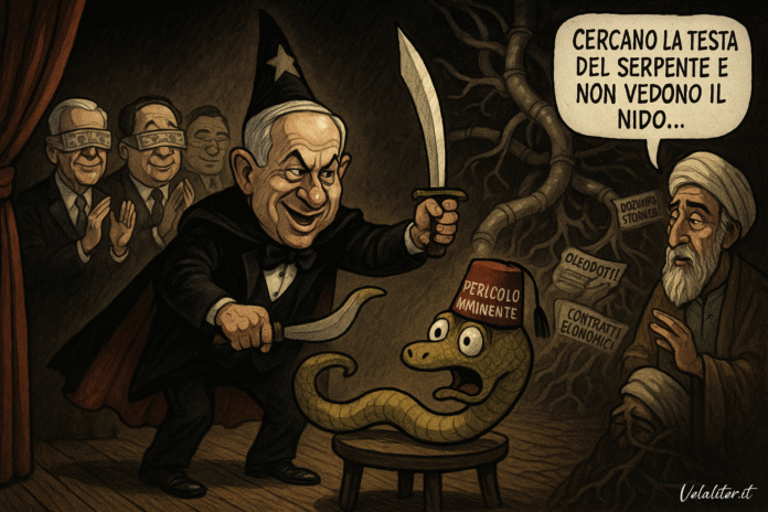 Vignetta satirica sulla geopolitica tra Iran e Israele, con leader mondiali che inscenano un finto attacco a un serpente per nascondere interessi economici.