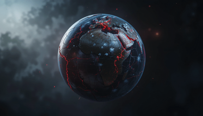 Globo terrestre con profonde crepe luminose che simboleggia la frammentazione geoeconomica globale, con un focus sulla vulnerabilità dell'Africa.