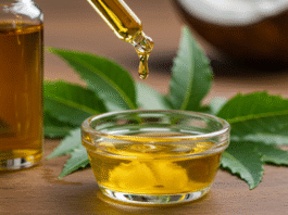 Goccia di olio di neem che cade in una ciotola con olio di cocco, simbolo del rimedio naturale contro gli acari.