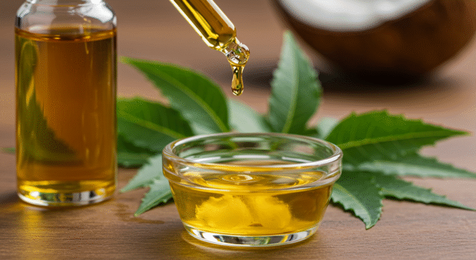 Goccia di olio di neem che cade in una ciotola con olio di cocco, simbolo del rimedio naturale contro gli acari.