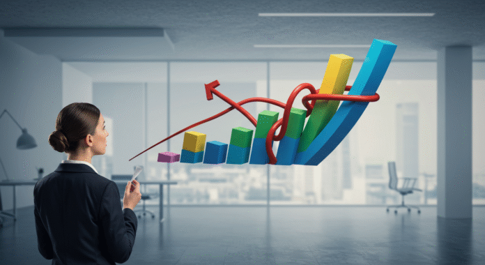 Illustrazione concettuale di una donna che analizza un grafico distorto e illogico sul divario di genere.