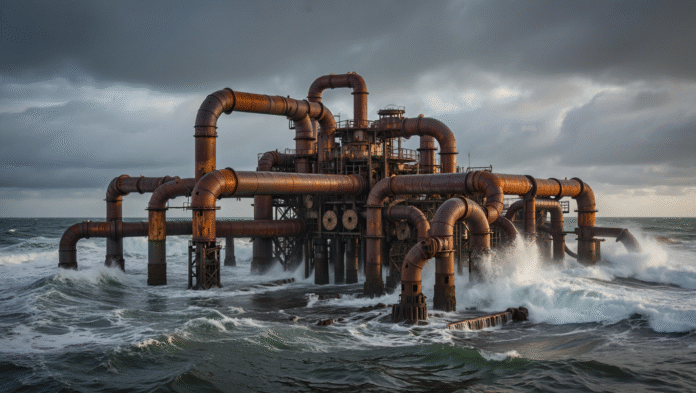 Struttura industriale del progetto SeaCURE in un mare tempestoso, a simboleggiare l'impatto negativo del greenwashing tecnologico sull'ambiente.