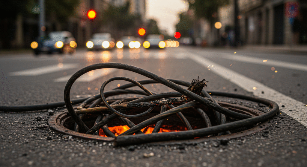 Dettaglio di cavi elettrici guasti in un tombino, causa del blackout che ha colpito la città di Torino.