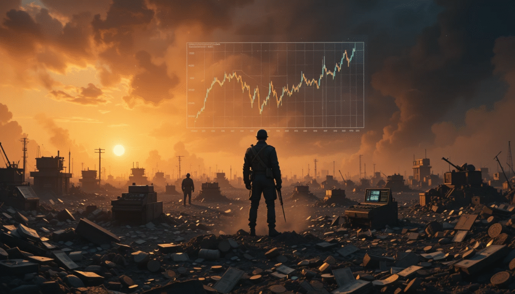 Un campo di battaglia con registratori di cassa al posto dei crateri, a simboleggiare la guerra come business e motore economico.