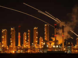 Una raffineria petrolifera di notte minacciata da missili nel cielo, immagine simbolo della guerra energetica in corso.